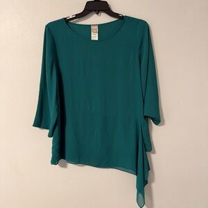 Chicos Teal asymmetrical Chiffon Layered 3/4 Sleeve‎ Popover Top blouse  2=L NWT